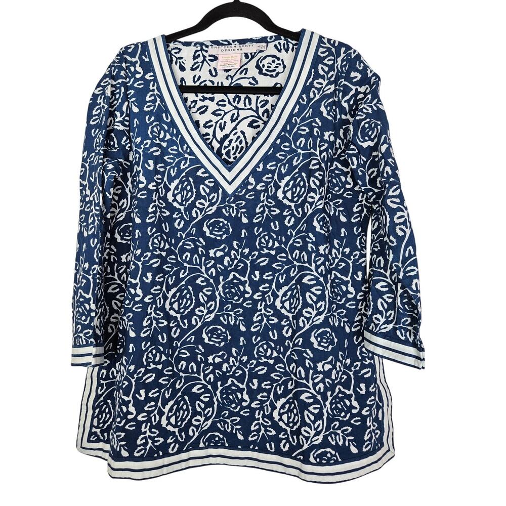 Gretchen Scott L Blue White Floral Tunic Cotton Beach Coastal Casual Resort